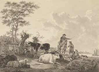 Paysage avec bétail, moutons et bergers